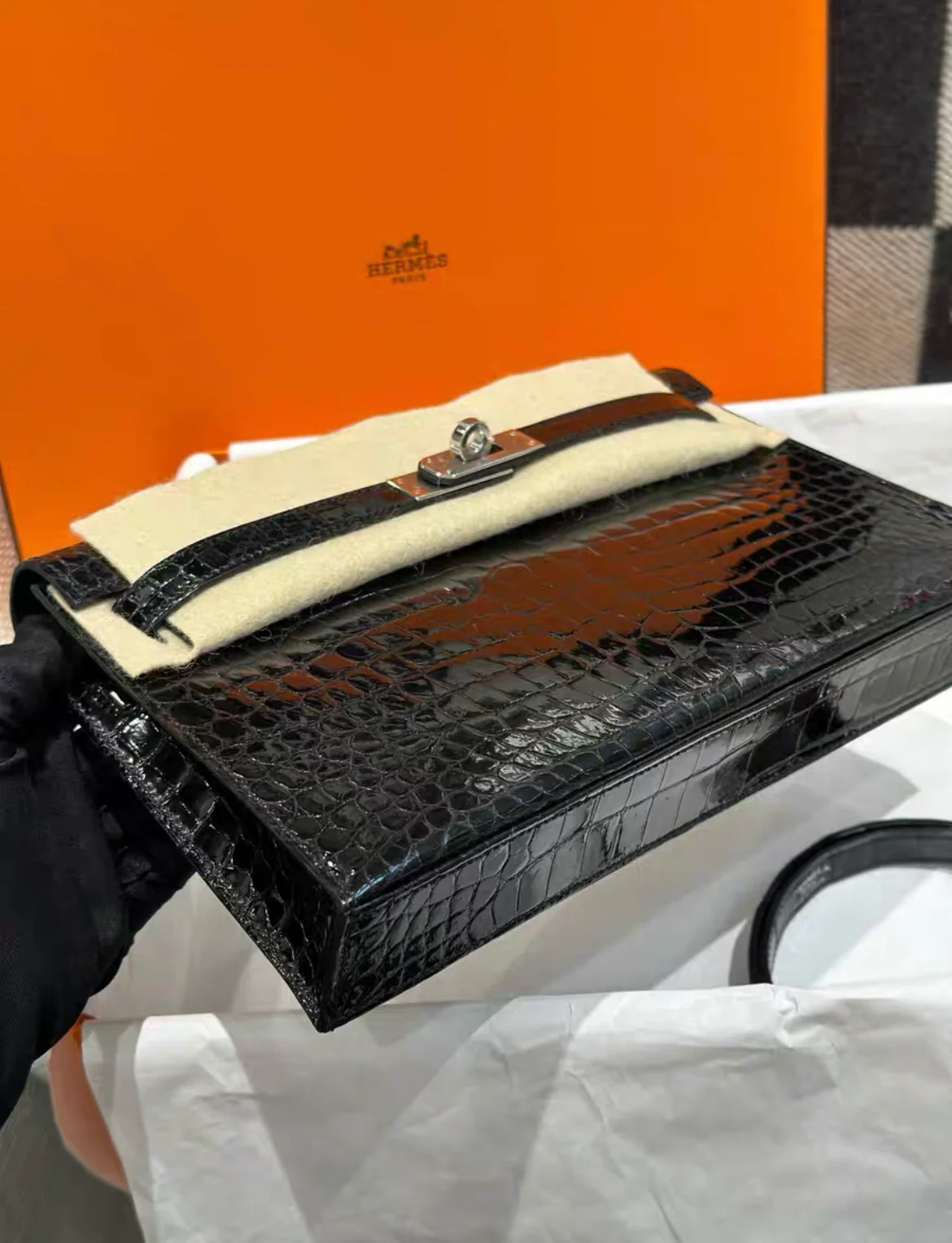 HERMES KELLY ELAN BLACK POROSUS CROCODILE SHOULDER BAG Brand New Stamp W - Image 4
