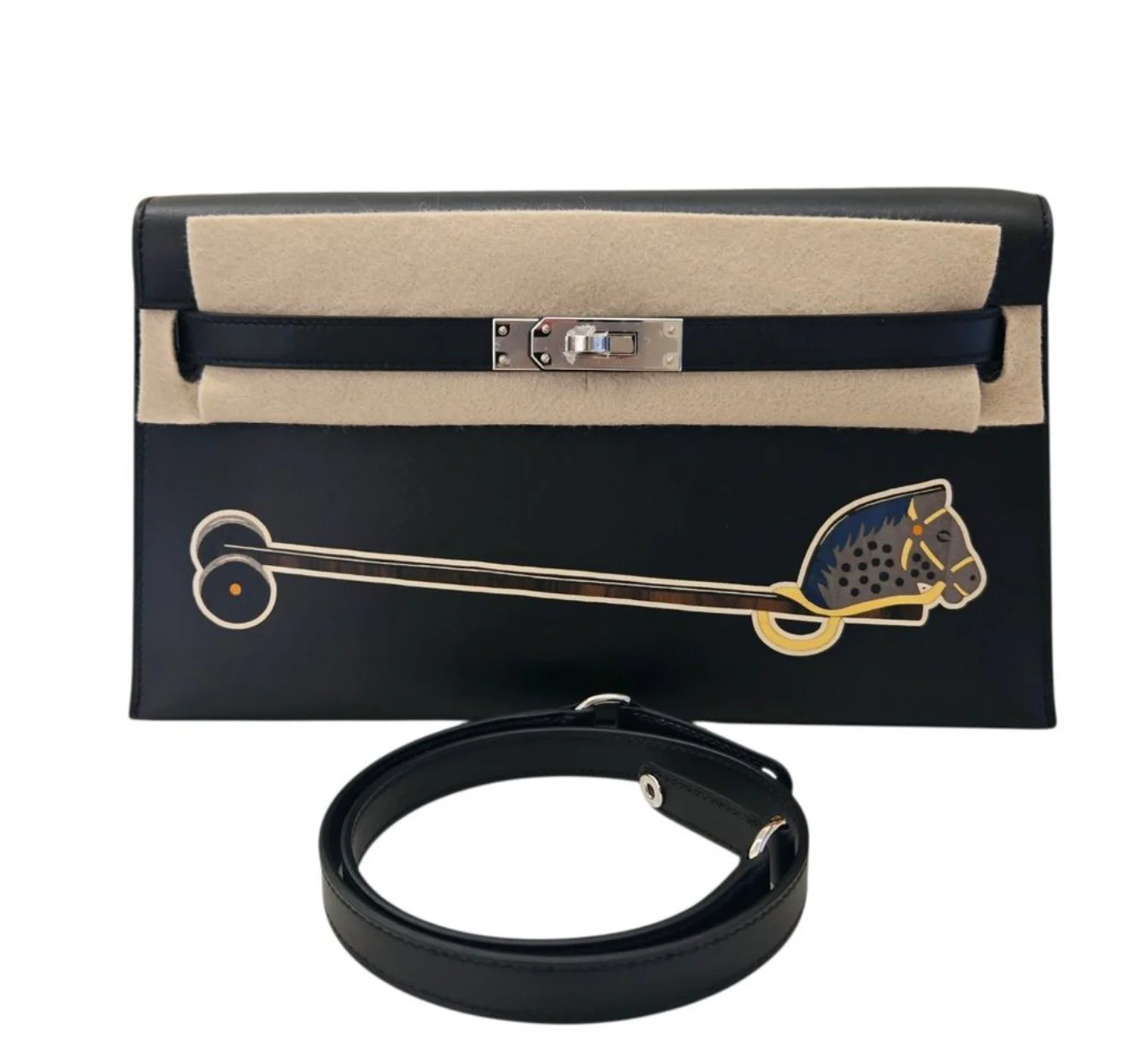 Hermès Kelly Elan "Cheval De Bois" Black and Multi Tadelakt Palladium Hardware