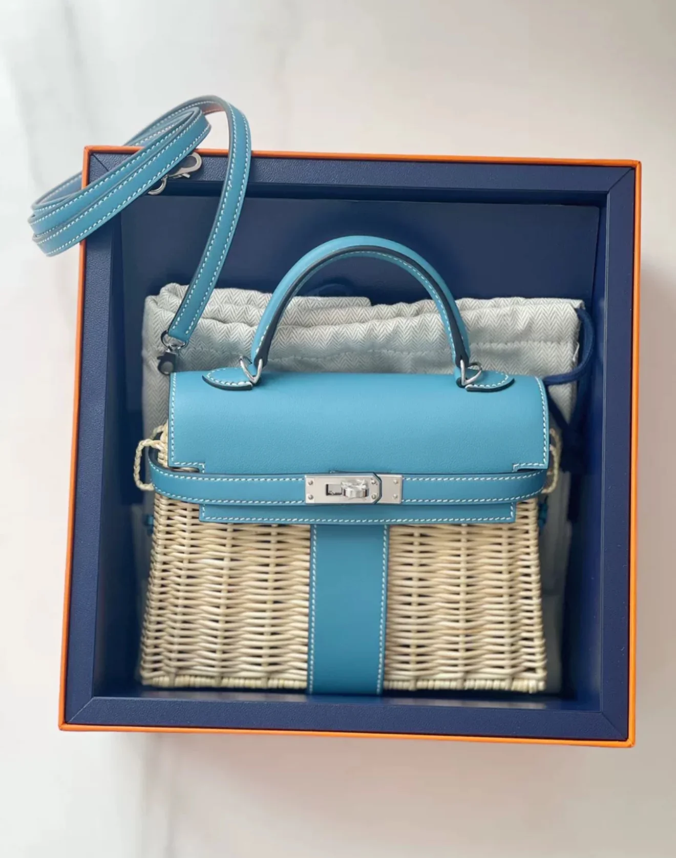 Hermès Kelly II Sellier Mini Picnic Bleu Jean Swift Leather Palladium Hardware