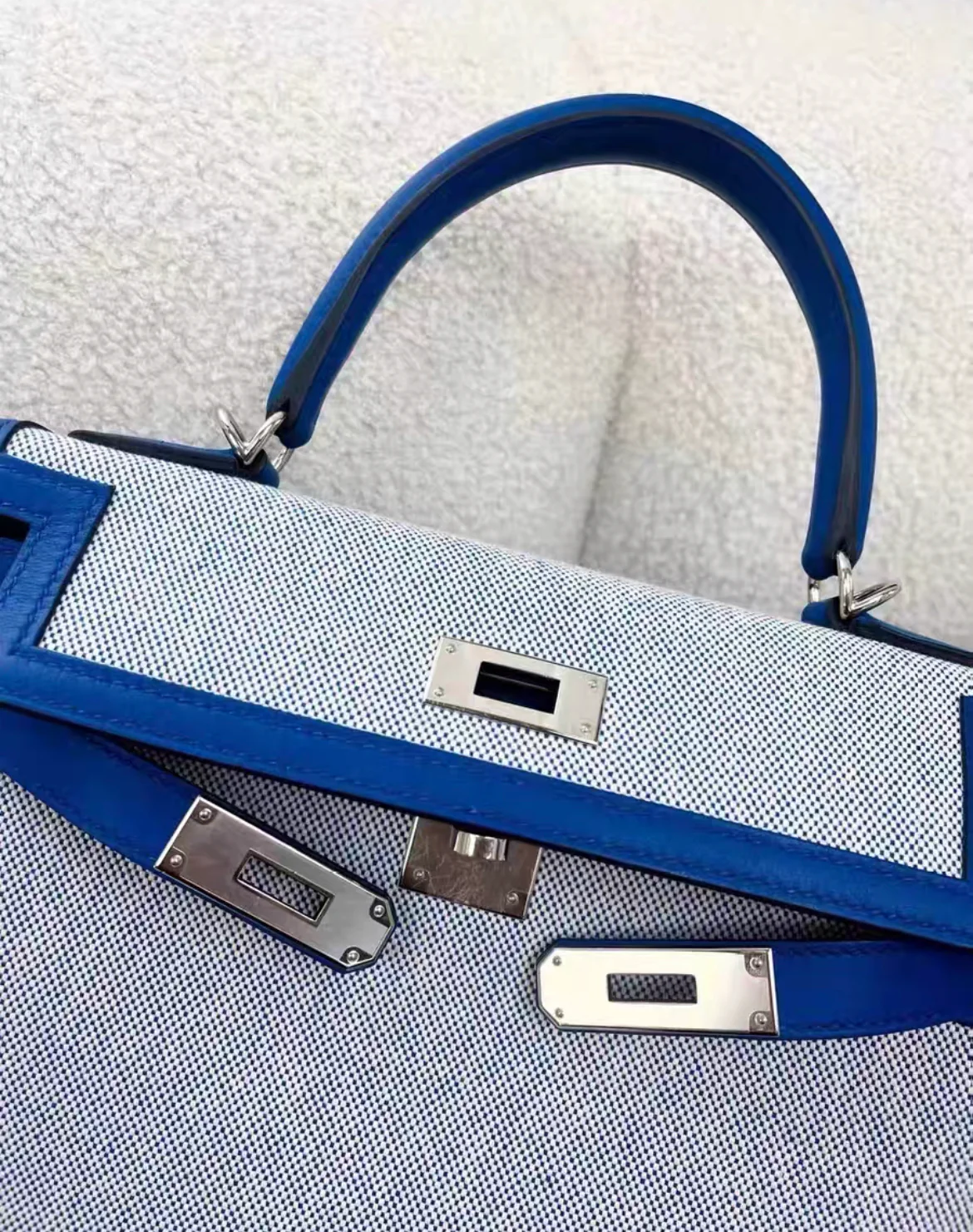 Hermès Kelly Limited Edition 28 Bleu France Swift Toile Palladium Hardware PHW - Image 2