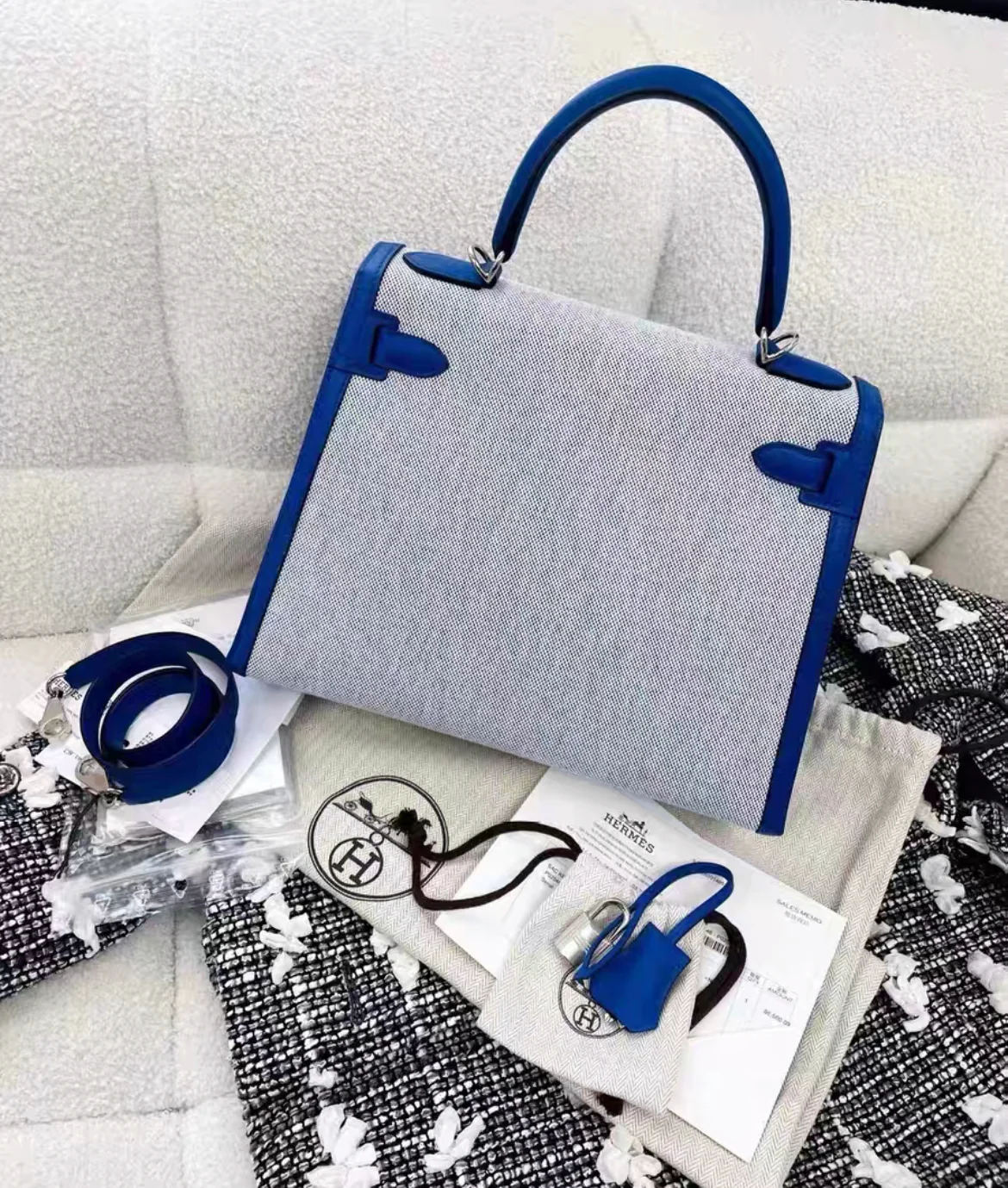 Hermès Kelly Limited Edition 28 Bleu France Swift Toile Palladium Hardware PHW - Image 3