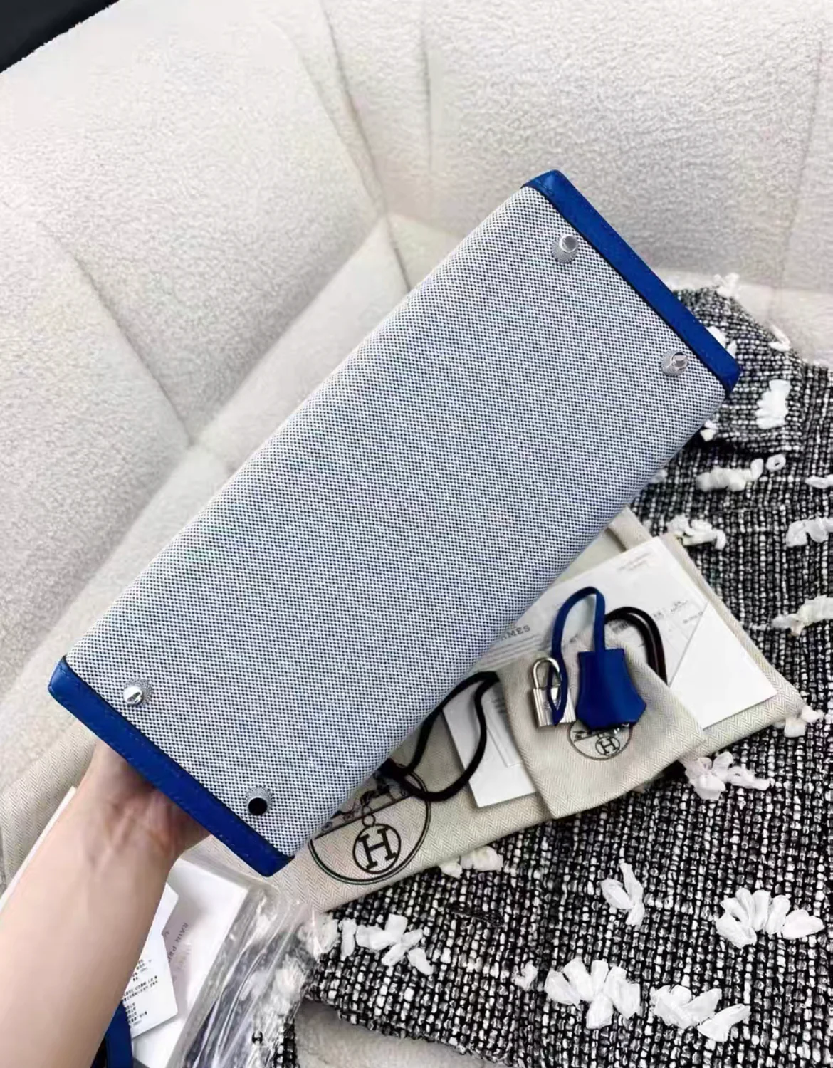 Hermès Kelly Limited Edition 28 Bleu France Swift Toile Palladium Hardware PHW - Image 6