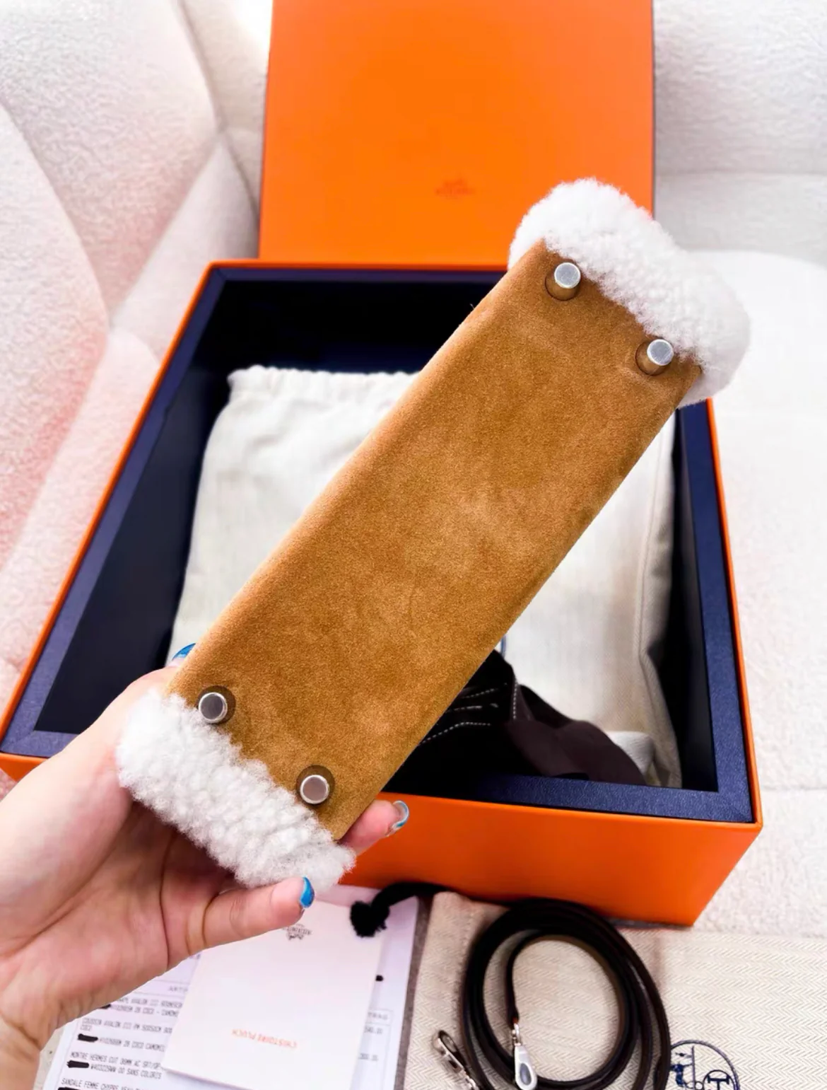HERMÈS KELLY MINI TEDDY PLUSH SHEARLING CHAMOIS/ECRU/ALEZAN PALLADIUM HARDWARE - Image 5