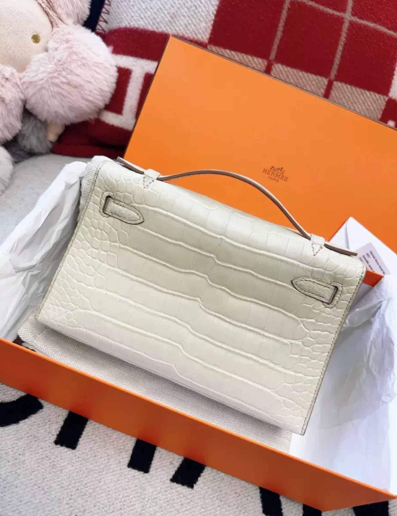 Hermes Kelly Pochette White Matte Crocodile Leather Palladium Hardware - Image 5
