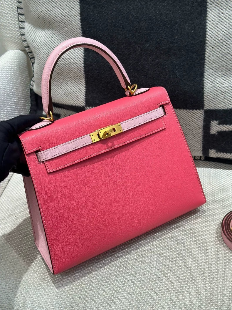 Hermes Kelly 25 Lipstick Pink & Pink Sakura Goat Leather brushed gold hardware - Image 2
