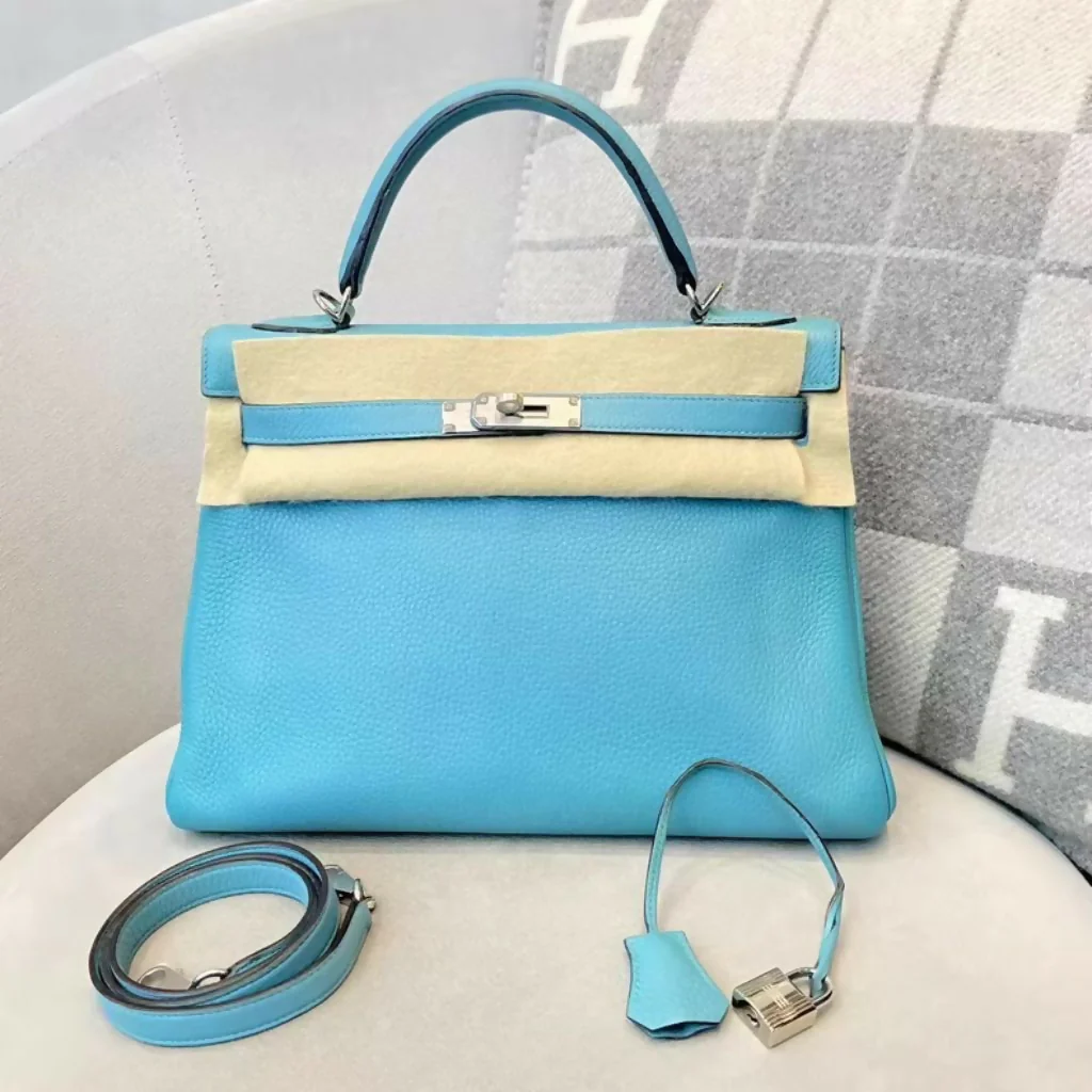 Hermes kelly 32 3P Bleu Atoll Togo Leather Palladium hardware