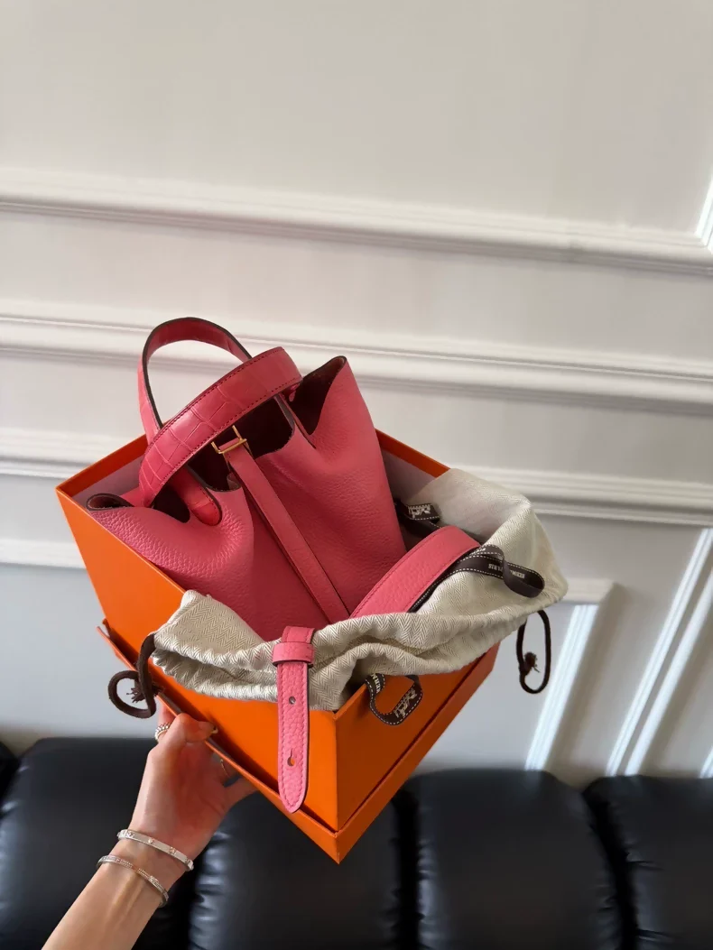 Hermès Picotin Touch lipstick pink crocodile leather gold hardware