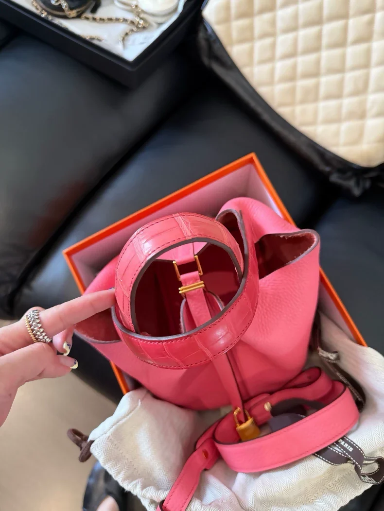 Hermès Picotin Touch lipstick pink crocodile leather gold hardware - Image 2