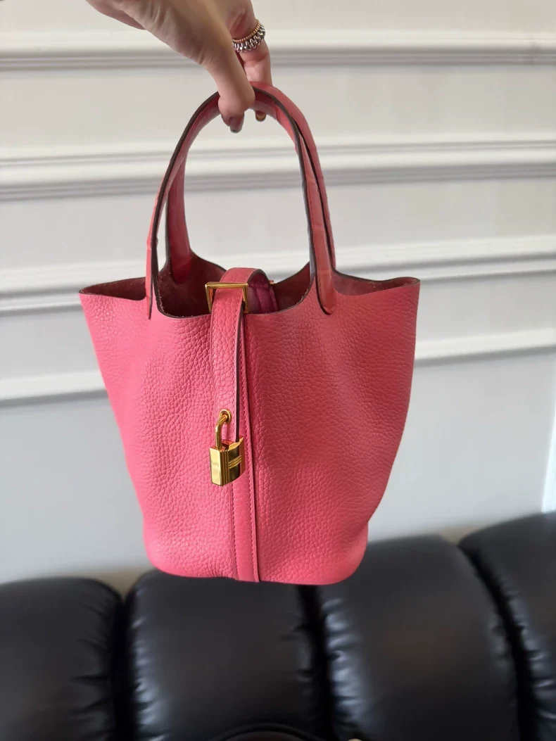 Hermès Picotin Touch lipstick pink crocodile leather gold hardware - Image 3