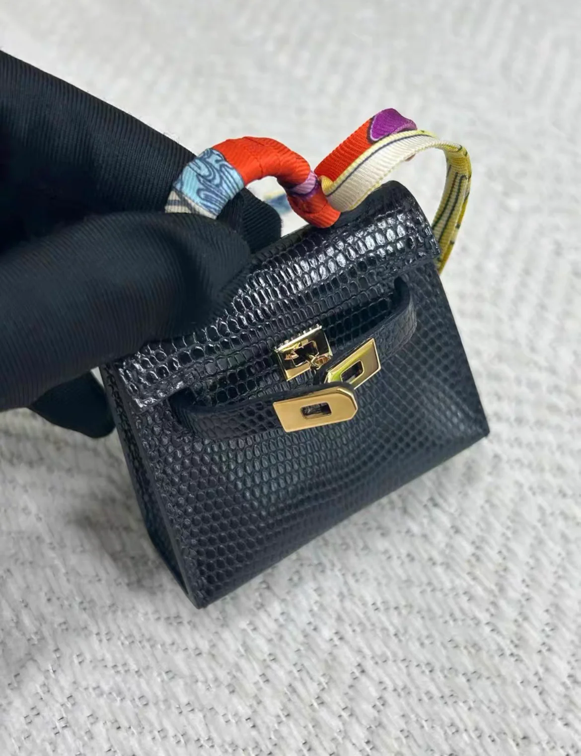 HERMES MICRO KELLY TWILLY BAG CHARM BLACK LIZARD GOLD HARDWARE - Image 5