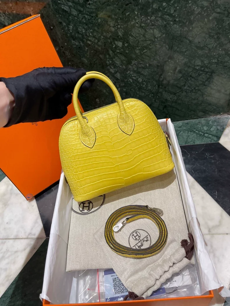 Hermes Mini Bolide M9 Marigold Yellow Matte crocodile leather palladium hardware - Image 2