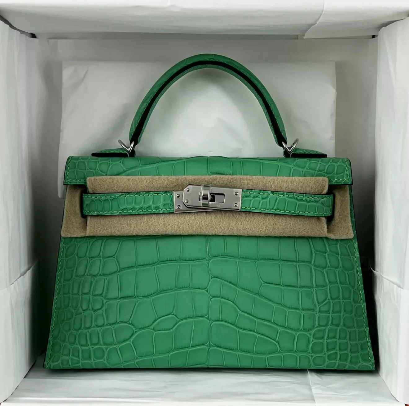 Hermes Mini Kelly 20 Vert Cosmic Matte Crocodile Leather Palladium Hardware