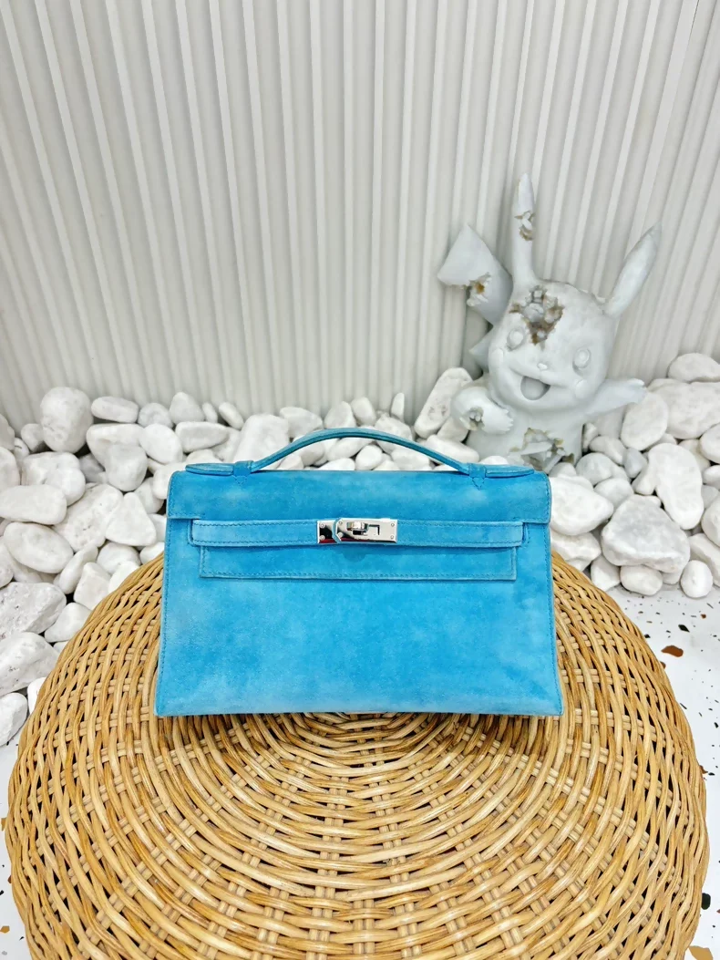 Hermès Kelly pochette Doblis blue atoll suede leather palladium hardware