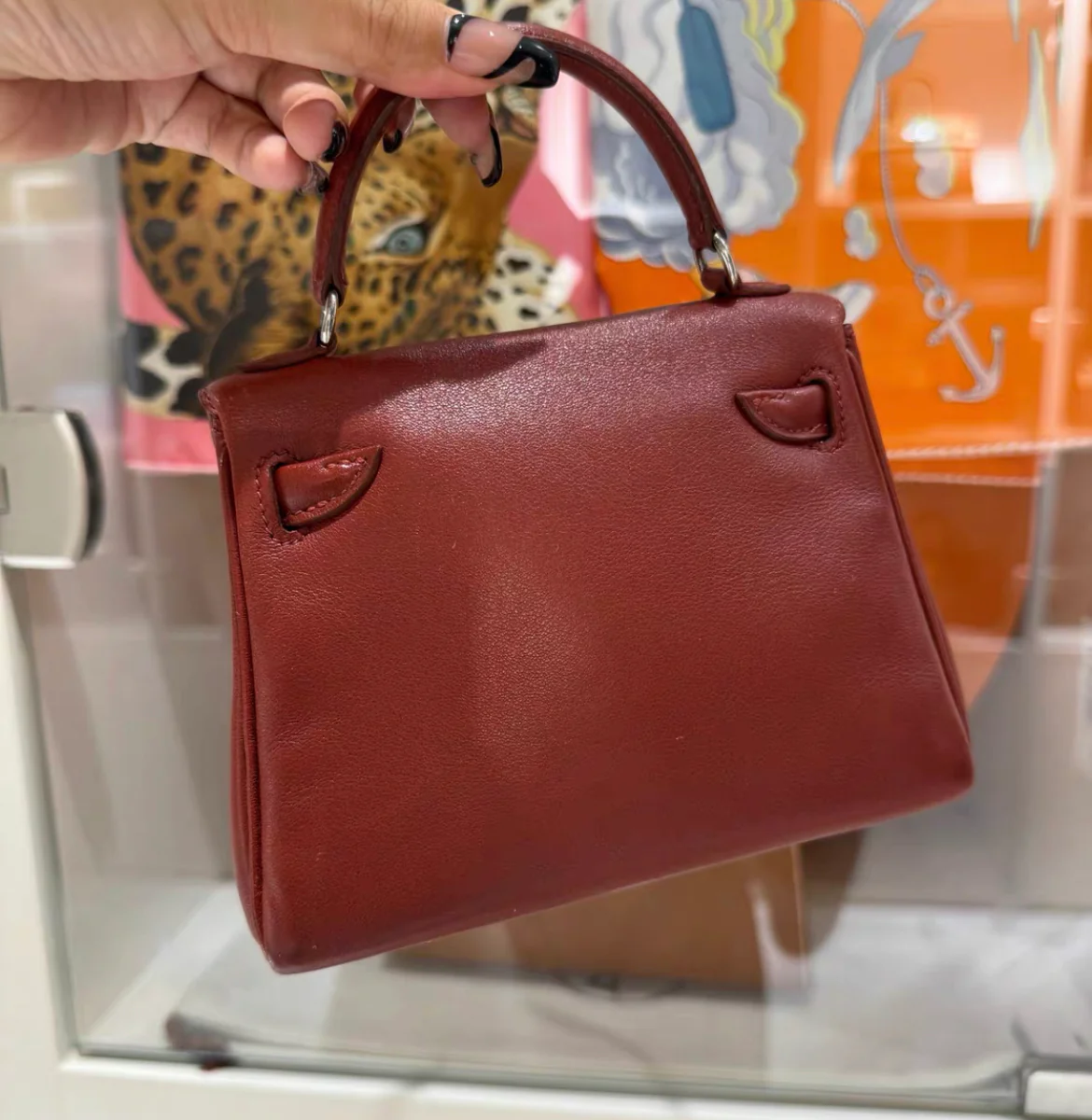 HERMES Mini Kelly Doll Red Burgundy Brown Leather Top Handle Satchel Tote Bag - Image 3