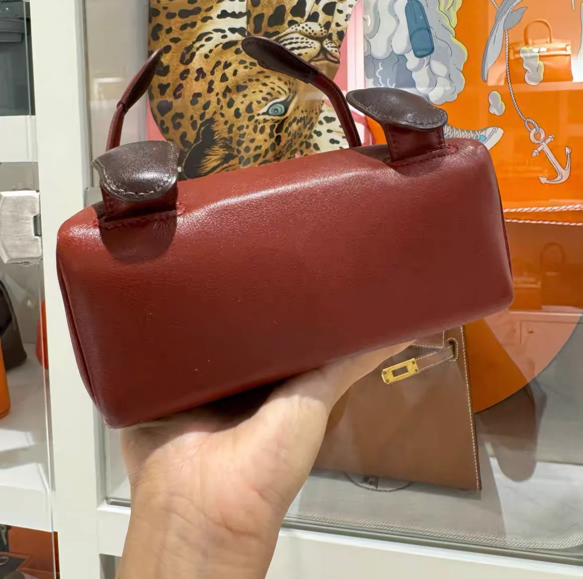 HERMES Mini Kelly Doll Red Burgundy Brown Leather Top Handle Satchel Tote Bag - Image 4