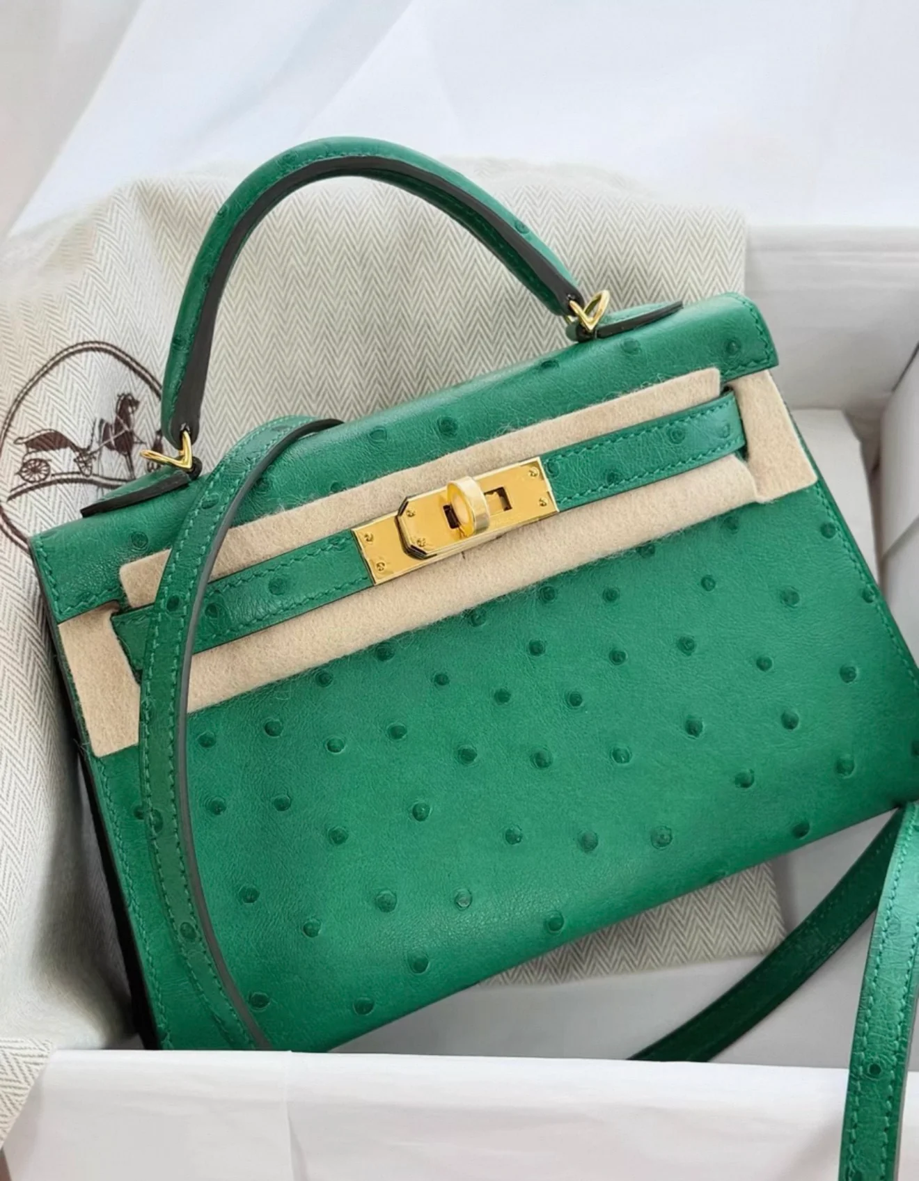 Hermès Mini Kelly Emerald Green Ostrich leather gold hardware