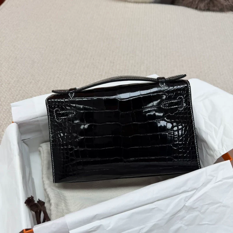 Hermes Kelly pochette black shiny crocodile leather palladium hardware - Image 2
