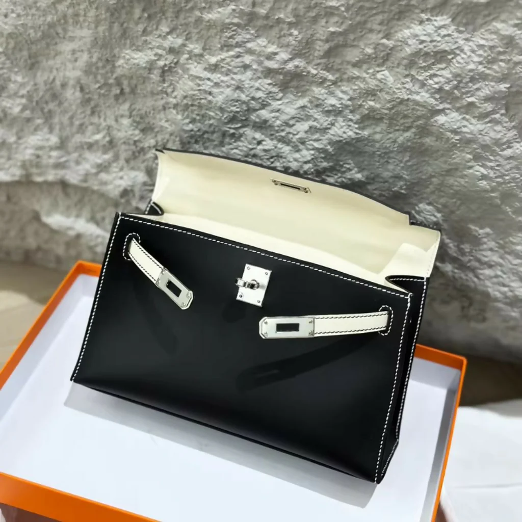 Hermes Mini Kelly Pochette Black & White Swift Leather Palladium Hardware - Image 3