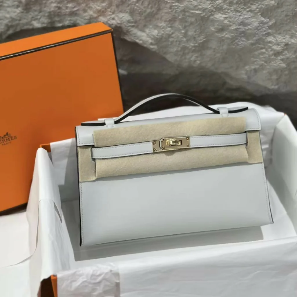 HERMES Mini Kelly Pochette Gri Platinum Swift Leather Gold Hardware