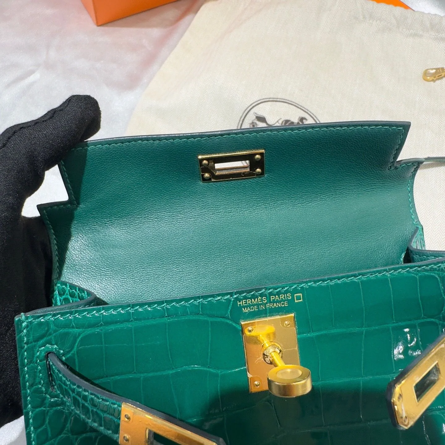 Hermes Mini kelly Green Emerald 6Q alligator leather gold hardware - Image 17