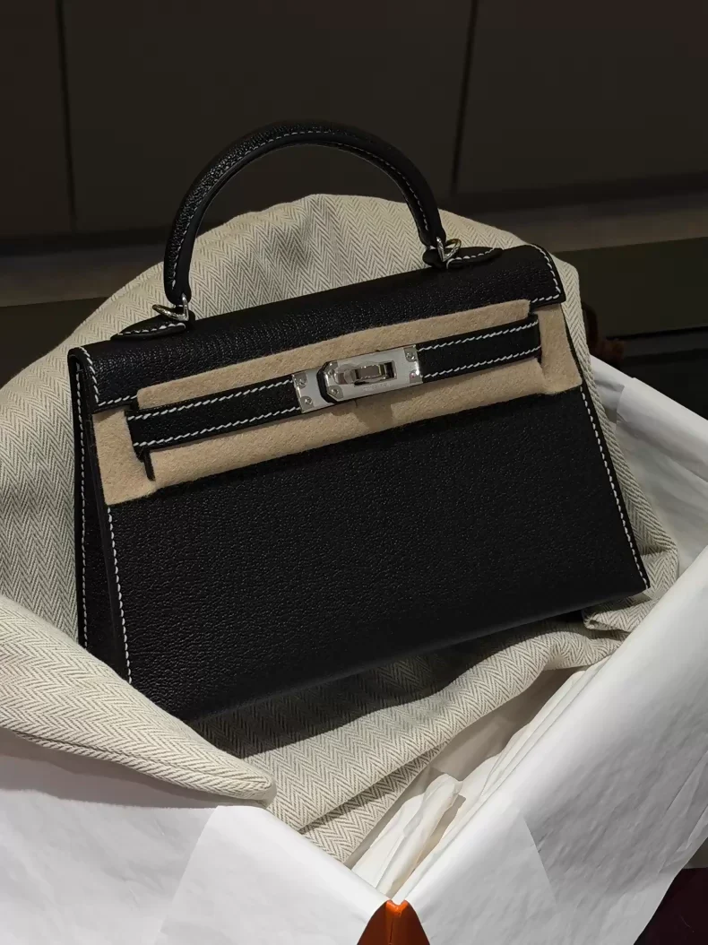 Hermes Mini Kelly 20 black goat leather with white stitching palladium hardware