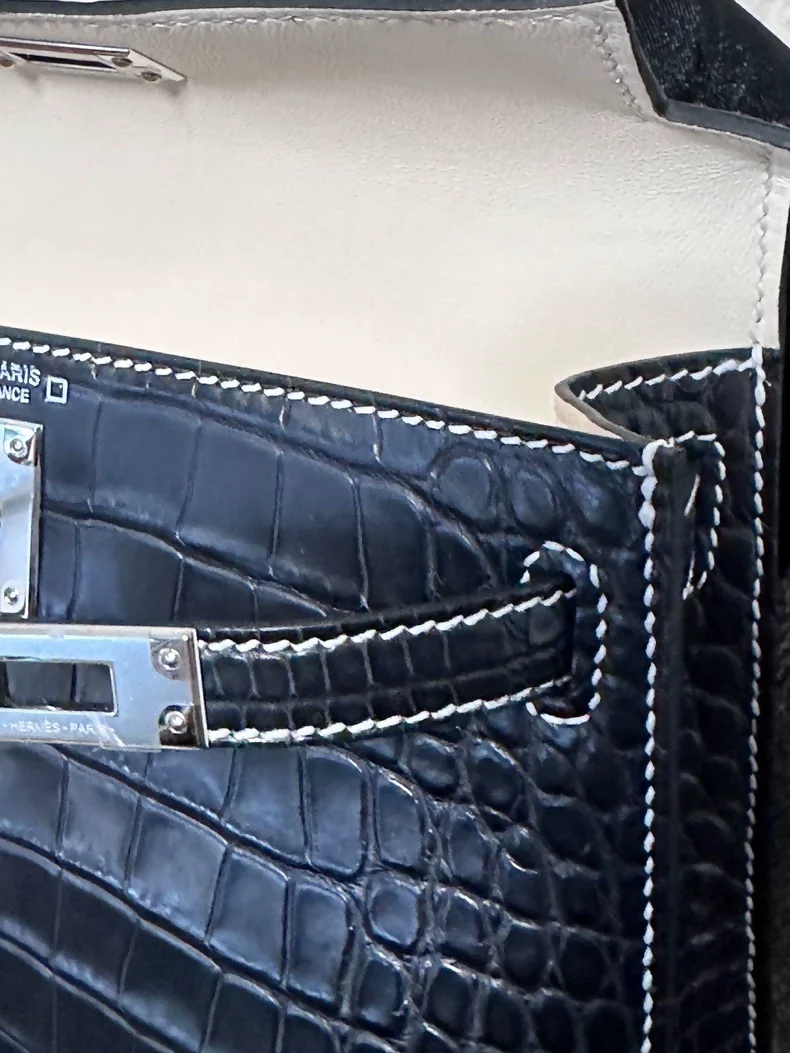 Hermes mini Kelly 20 black matte crocodile leather palladium hardware with white stitching - Image 2