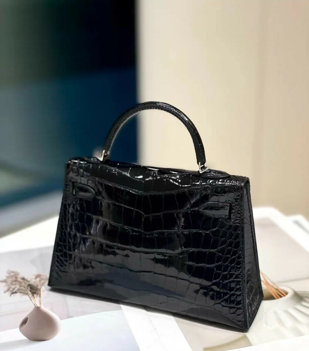 Hermès Mini Kelly Black Shiny Crocodile Palladium Hardware - Image 3