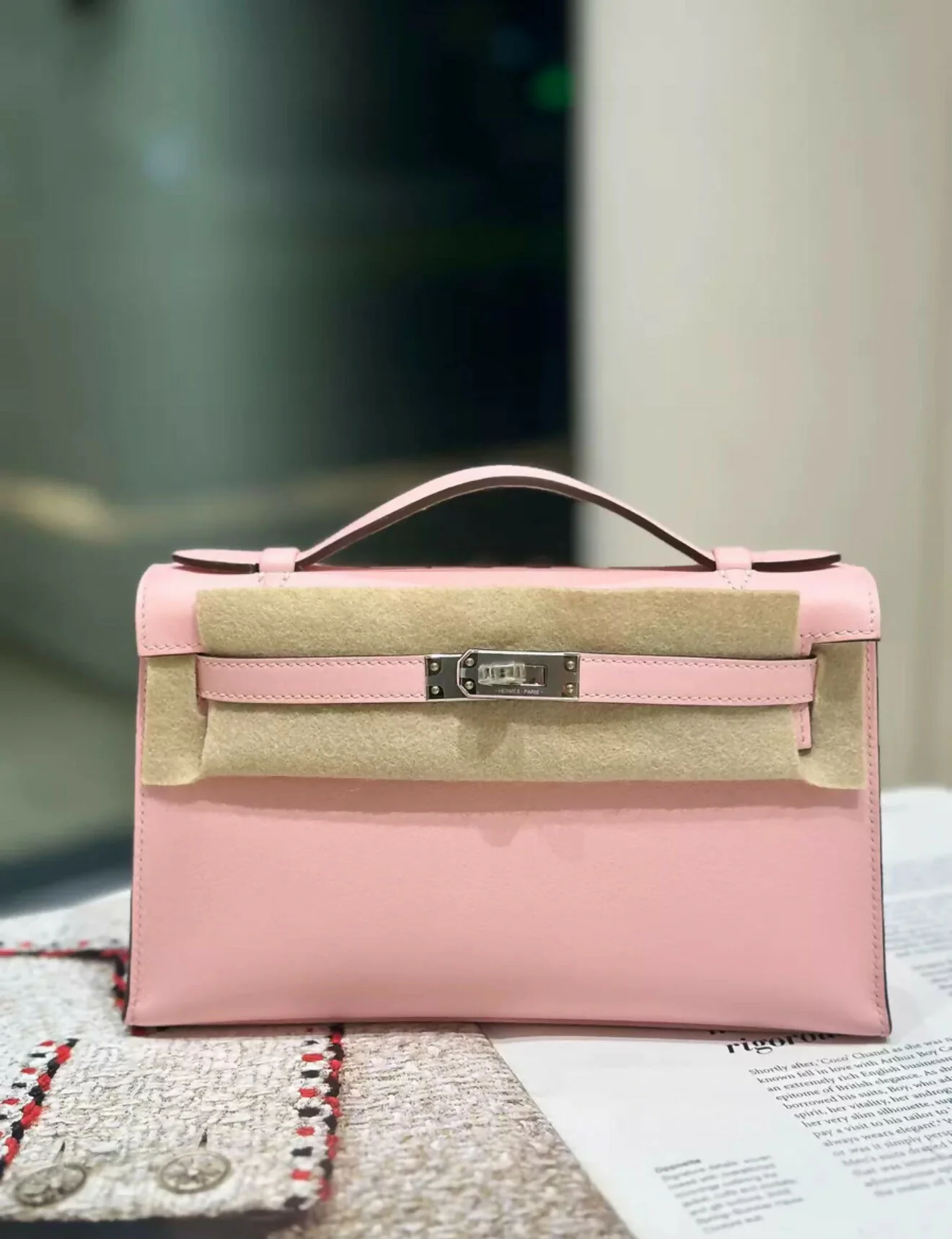 Hermes Kelly Pochette Rose Sakura Swift Palladium Hardware