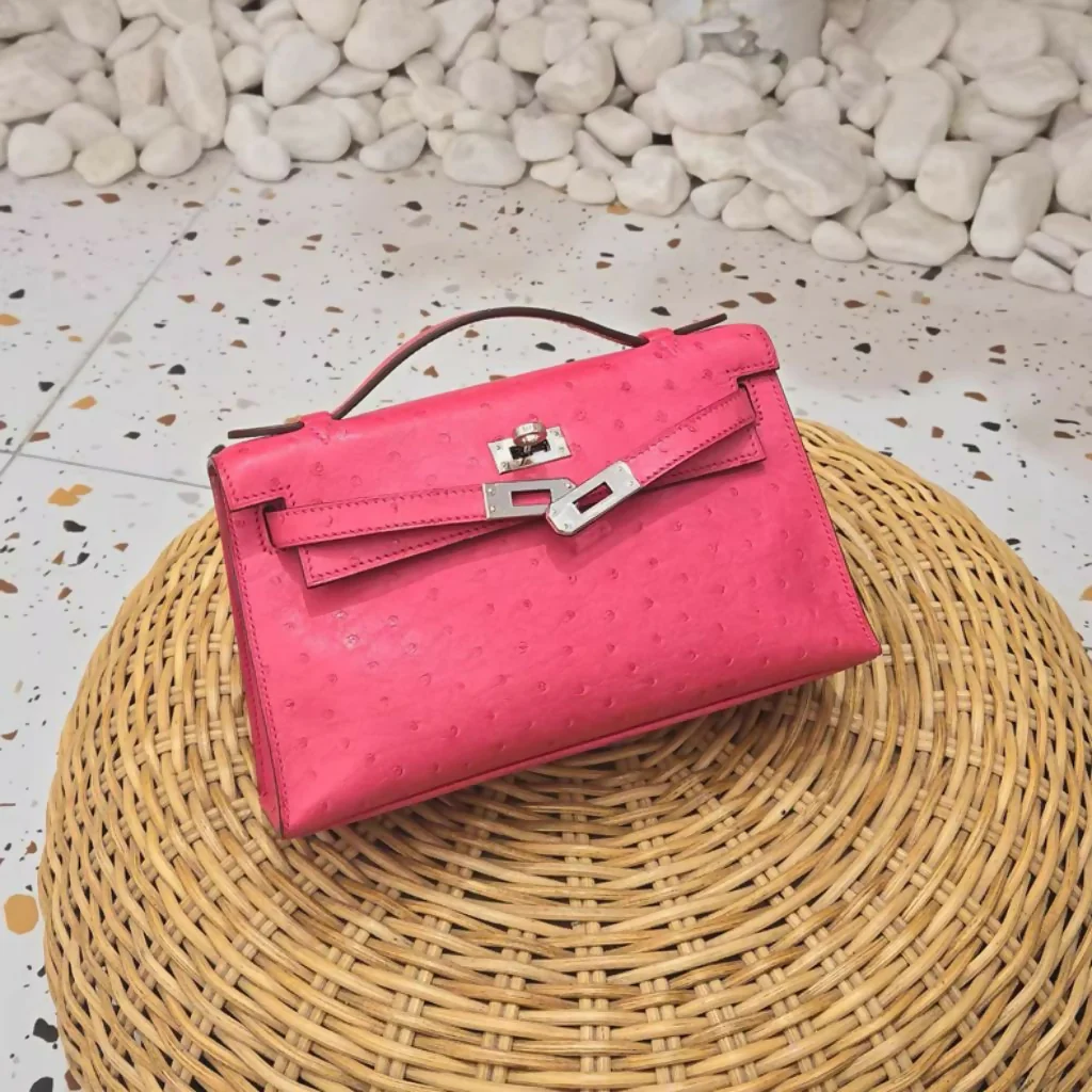 Hermes Mini Kelly Pochette Pink Ostrich Leather Palladium Hardware - Image 2