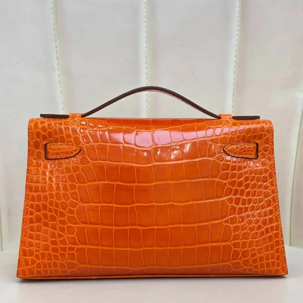 Hermès Mini Kelly Pochette Orange shiny Crocodile Leather Palladium Hardware - Image 2