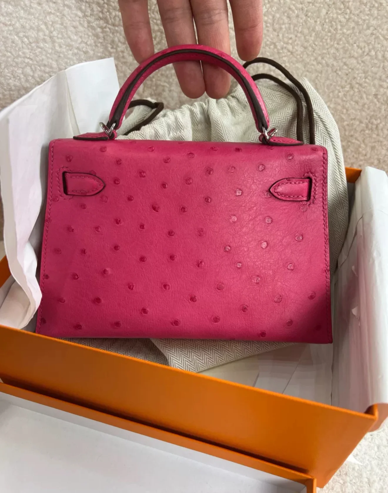 Hermes Mini Kelly Rose Tyrien Ostrich Palladium Hardware - Image 2