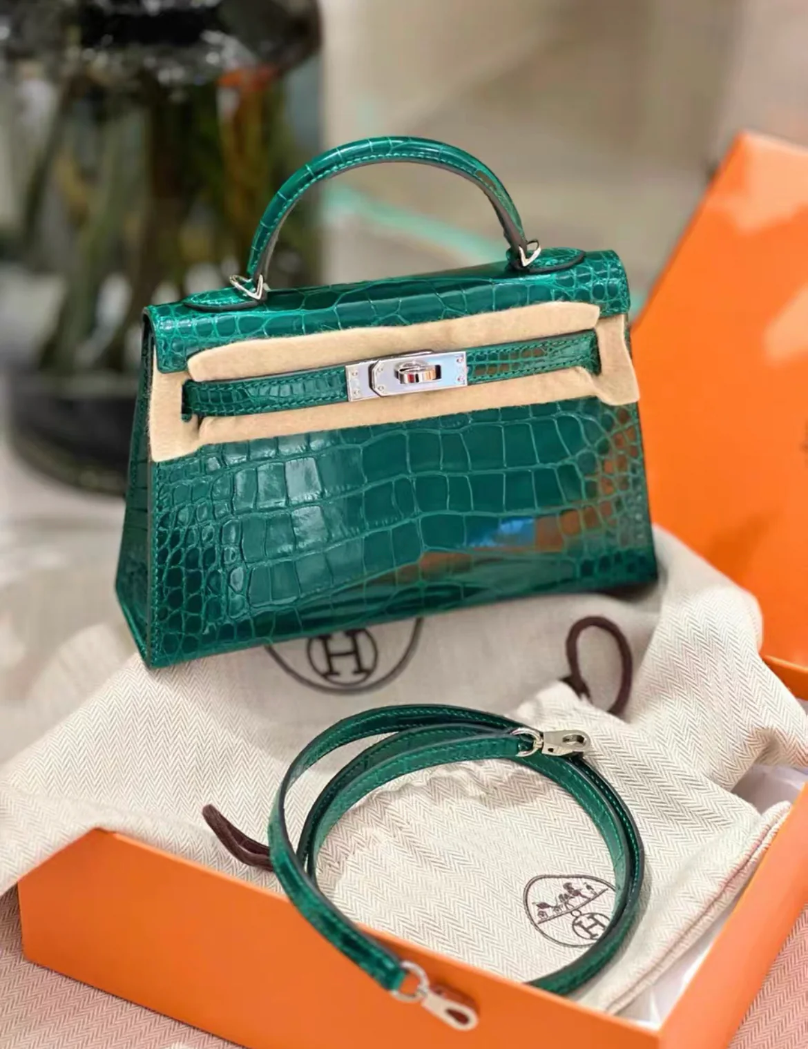 HERMES MINI KELLY SELLIER EMERALD SHINY ALLIGATOR PALLADIUM HARDWARE - Image 2