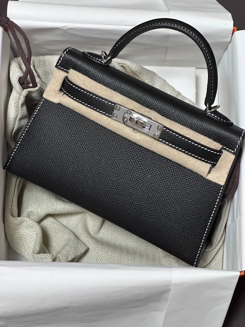 Hermes mini kelly 20 black epsom leather palladium hardware with stitching