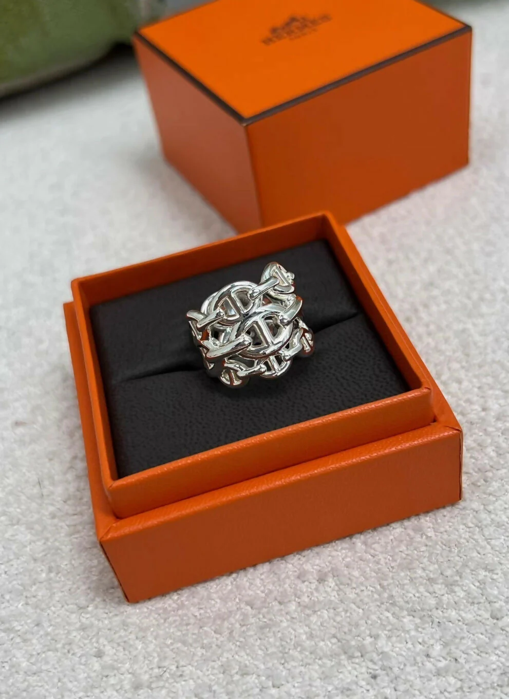 HERMES Sterling Silver Chain D'Ancre Enchained GM Ring Size 52 - Image 2