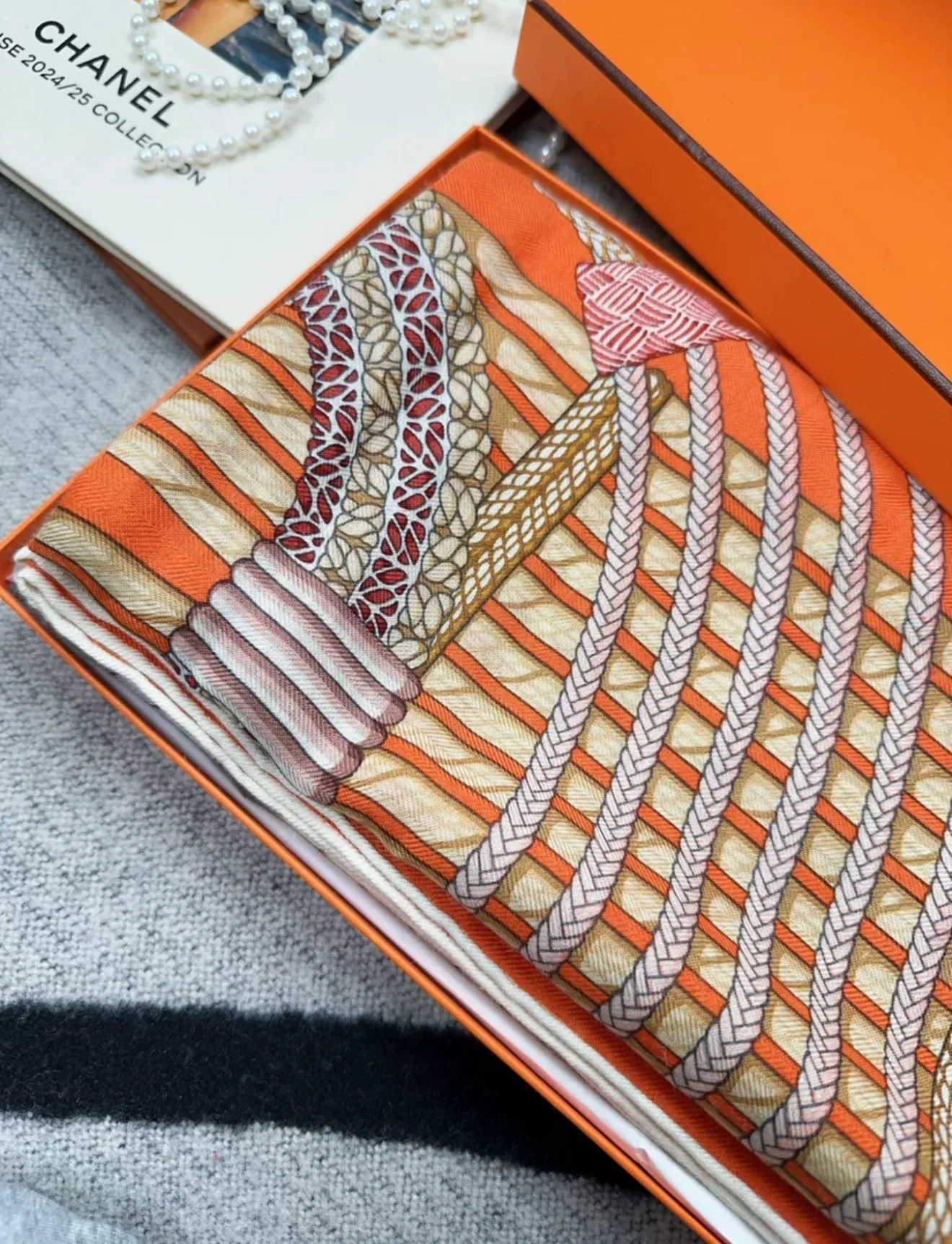Hermes Scarf Cashmere 140 “Dressage Tressage” Orange/White/Beige - Image 3