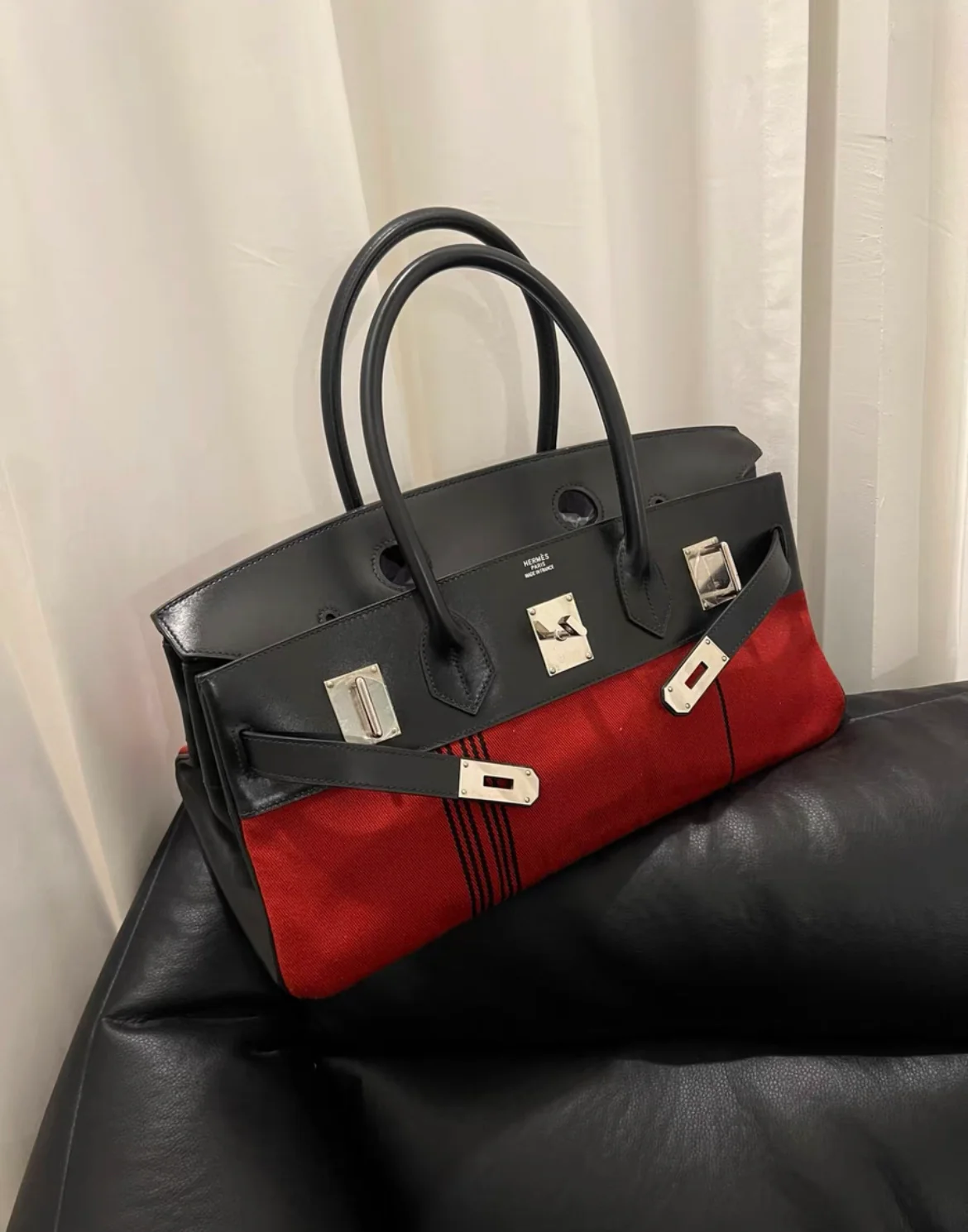 Hermès shoulder birkin Burgundy Potamos Canvas and Black Box Calf Palladium Hardware - Image 2
