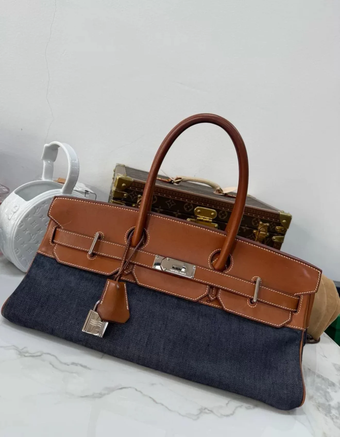 Hermes Shoulder Birkin Saddle leather and denim palladium hardware - Image 2