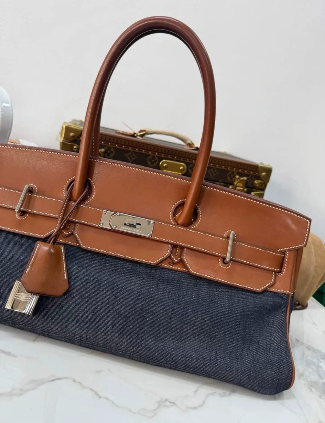 Hermes Shoulder Birkin Saddle leather and denim palladium hardware - Image 3