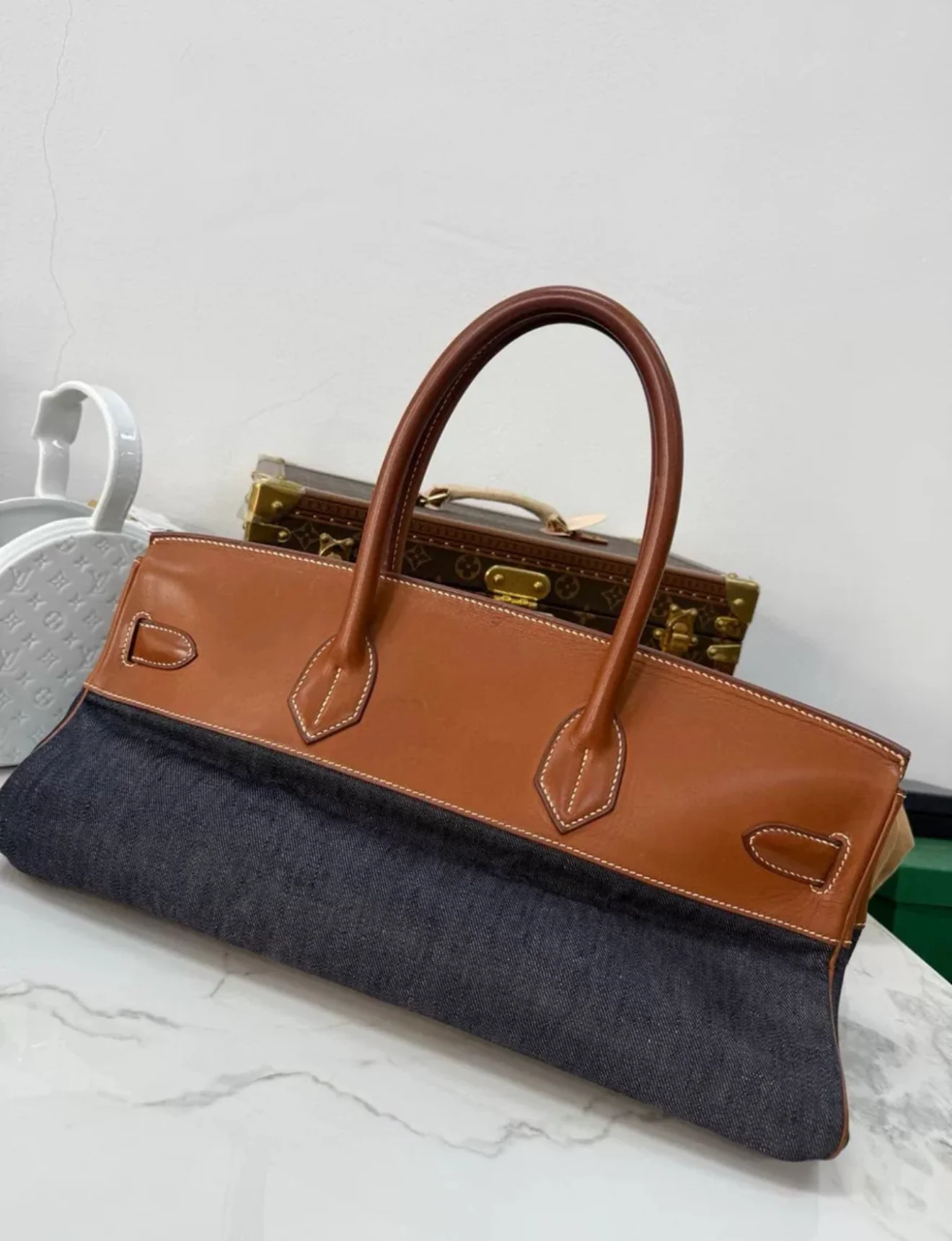 Hermes Shoulder Birkin Saddle leather and denim palladium hardware - Image 4