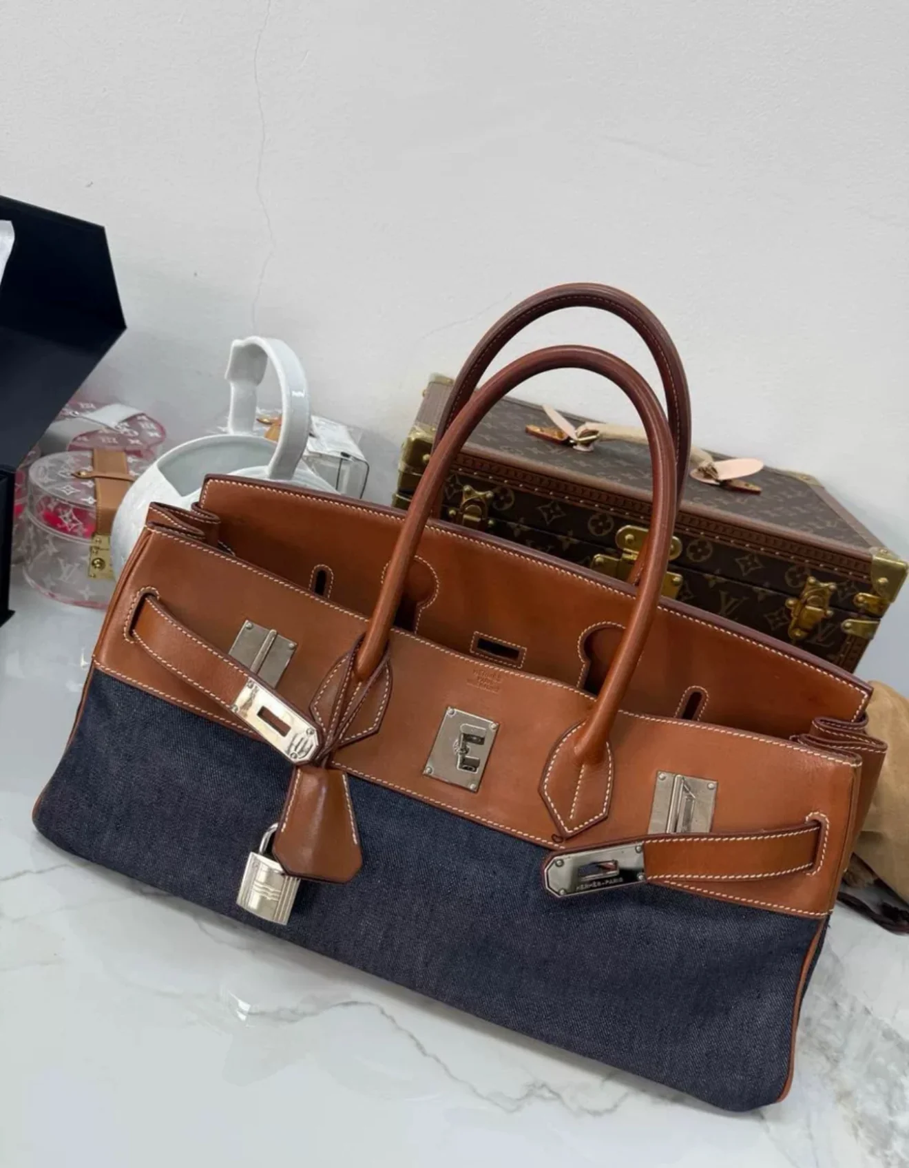 Hermes Shoulder Birkin Saddle leather and denim palladium hardware - Image 5