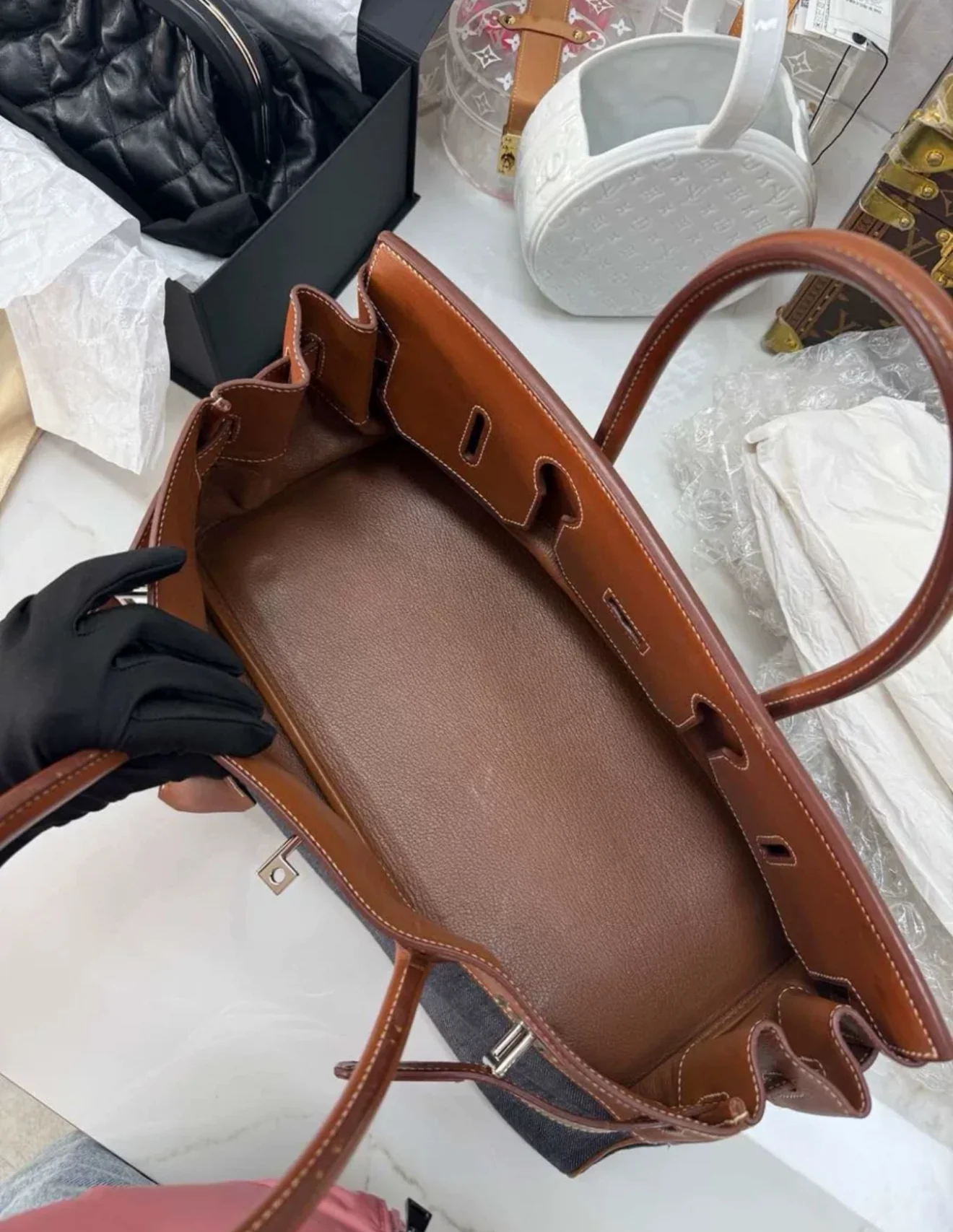 Hermes Shoulder Birkin Saddle leather and denim palladium hardware - Image 7