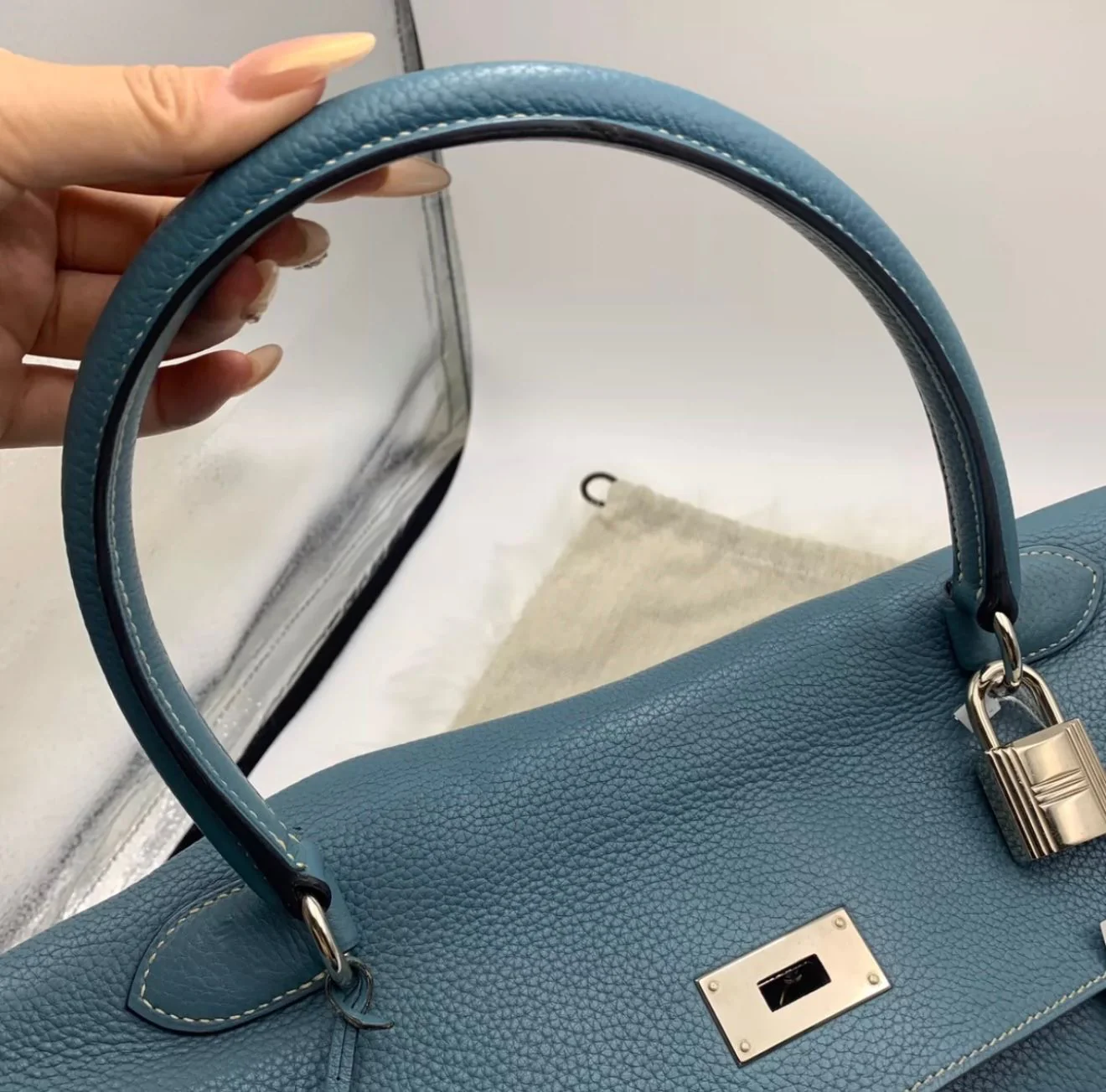 HERMES shoulder Kelly Blue Denim Togo Leather palladium hardware - Image 7