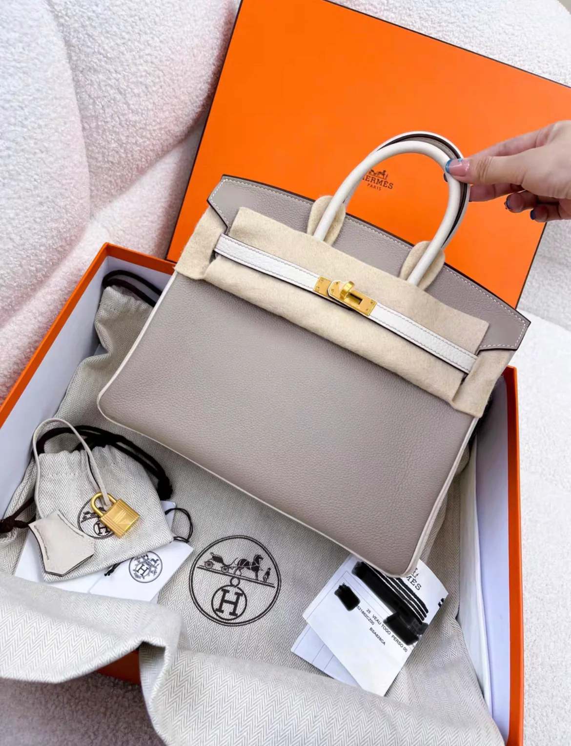 Hermès Special Order (HSS) Birkin 25 Gris and Craie Togo Brushed Gold Hardware - Image 3