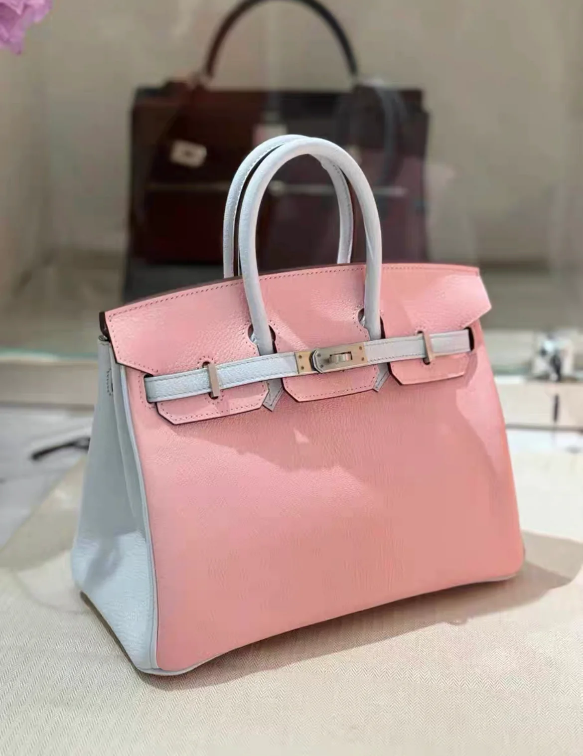 Hermès Special Order (HSS) Birkin 25 Rose Sakura and Gris Perle Chevre Brushed Palladium hardware - Image 2