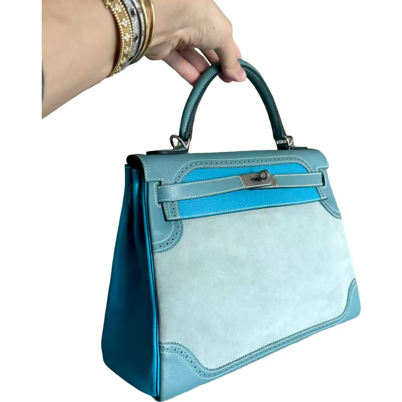 Hermes vintage Kelly 32 lace collection in suede denim blue - Image 7