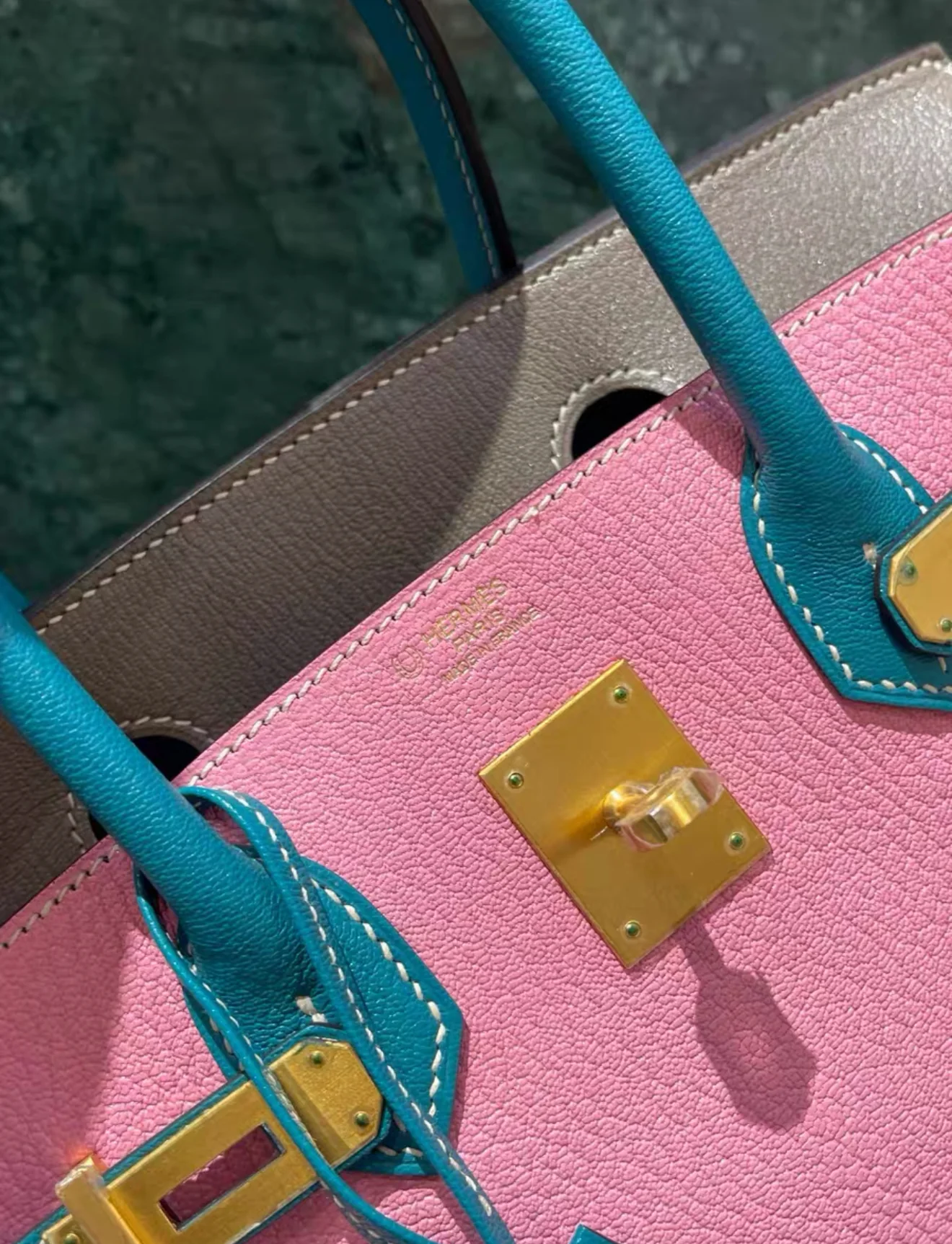 HSS Hermes Birkin 30 Rose Confetti/Etoupe/Turquoise Chevre Leather With Brushed Gold Hardware - Image 5