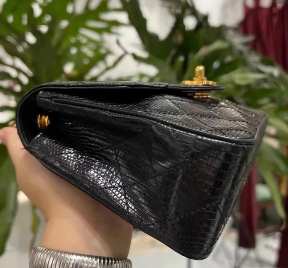 Chanel Vintage Black Lizard Leather Mini Square Flap Bag with Gold Hardware - Image 3