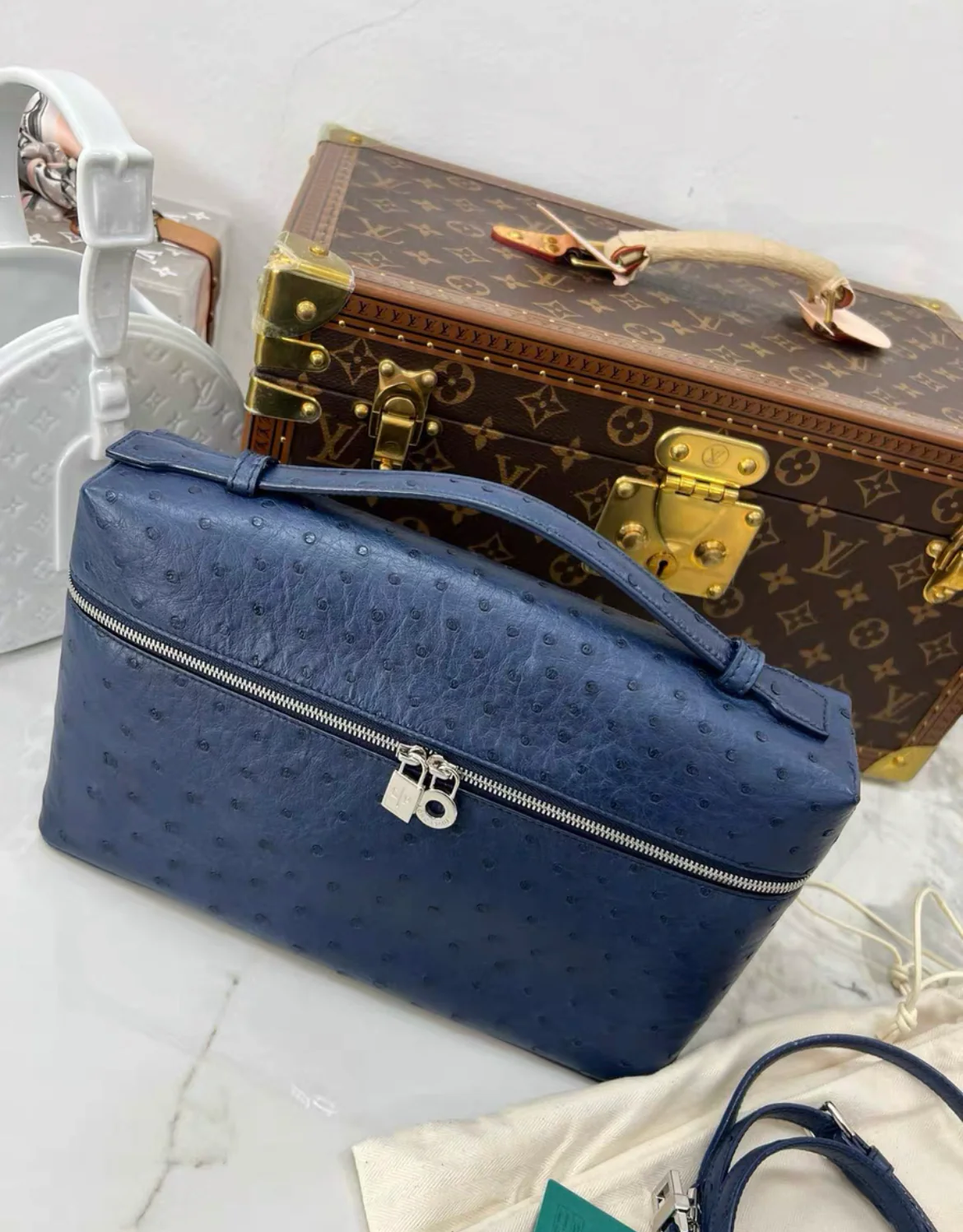 Loro Piana Ostrich Leather Extra Bag L27 in Blue - Image 3