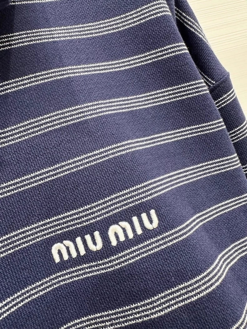 Miu Miu 25 Black and Blue Striped Collared Zip-Up Long-Sleeve Polo Shirt - Image 3