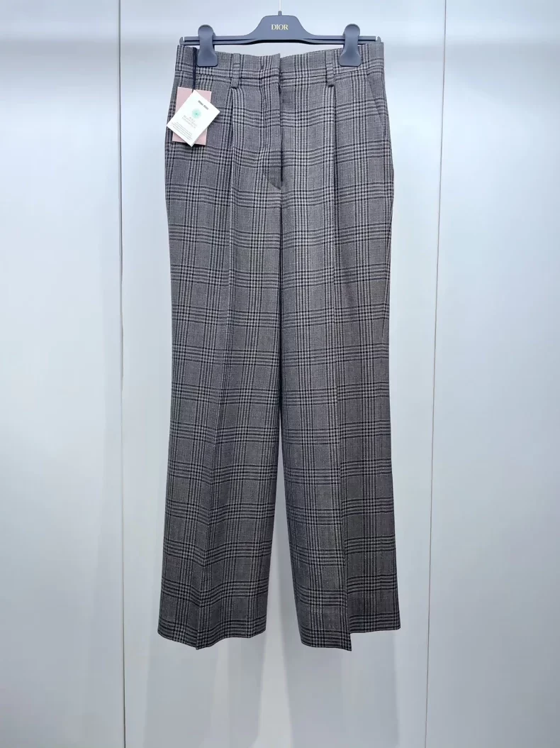 Miu Miu plaid logo patch wool slim straight leg pants